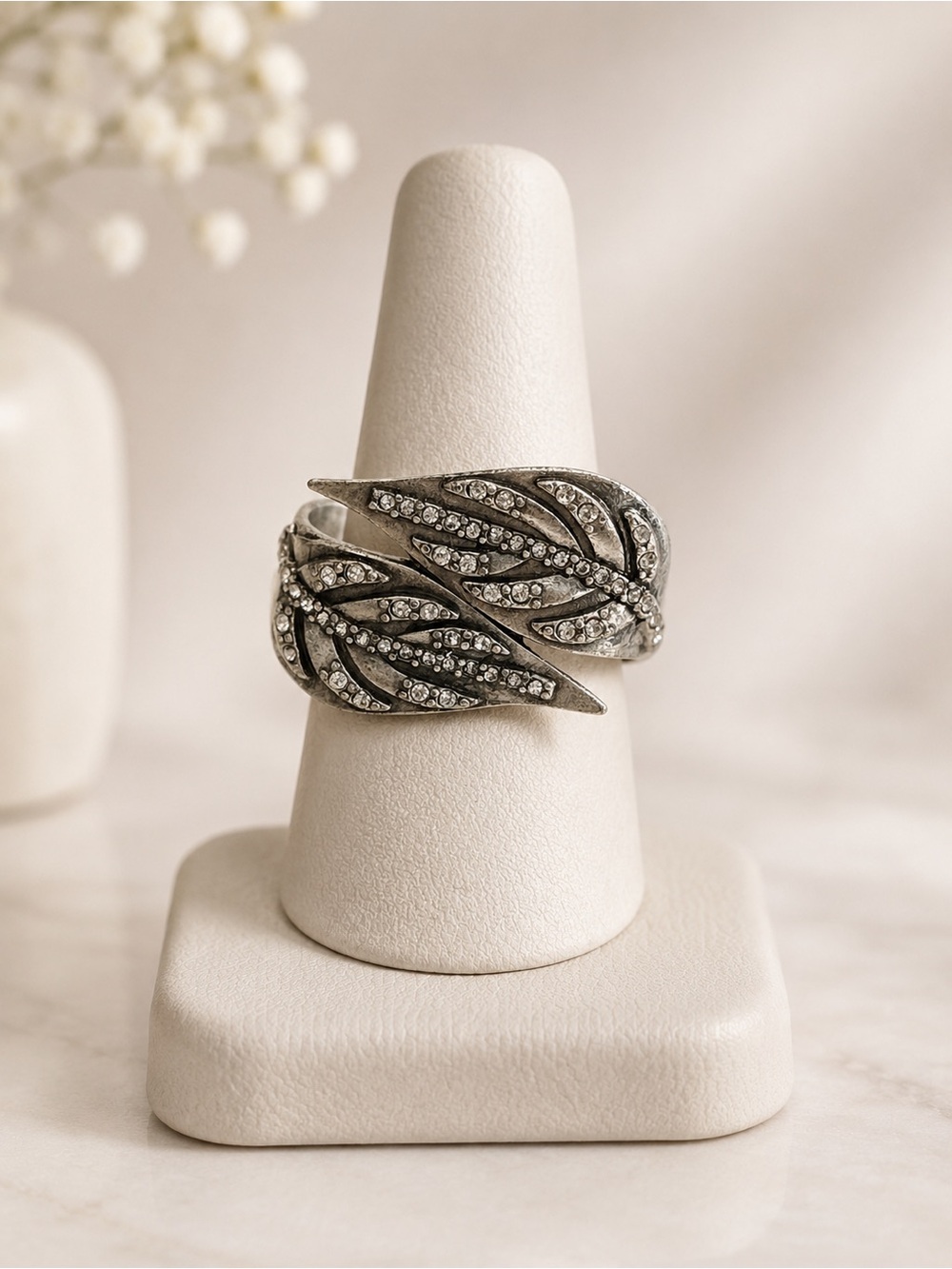 Silver Crystal Leaf Wrap Ring - Women Jewelry